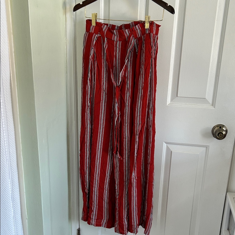 Red Striped Paperbag Waist Wide-Leg Pants